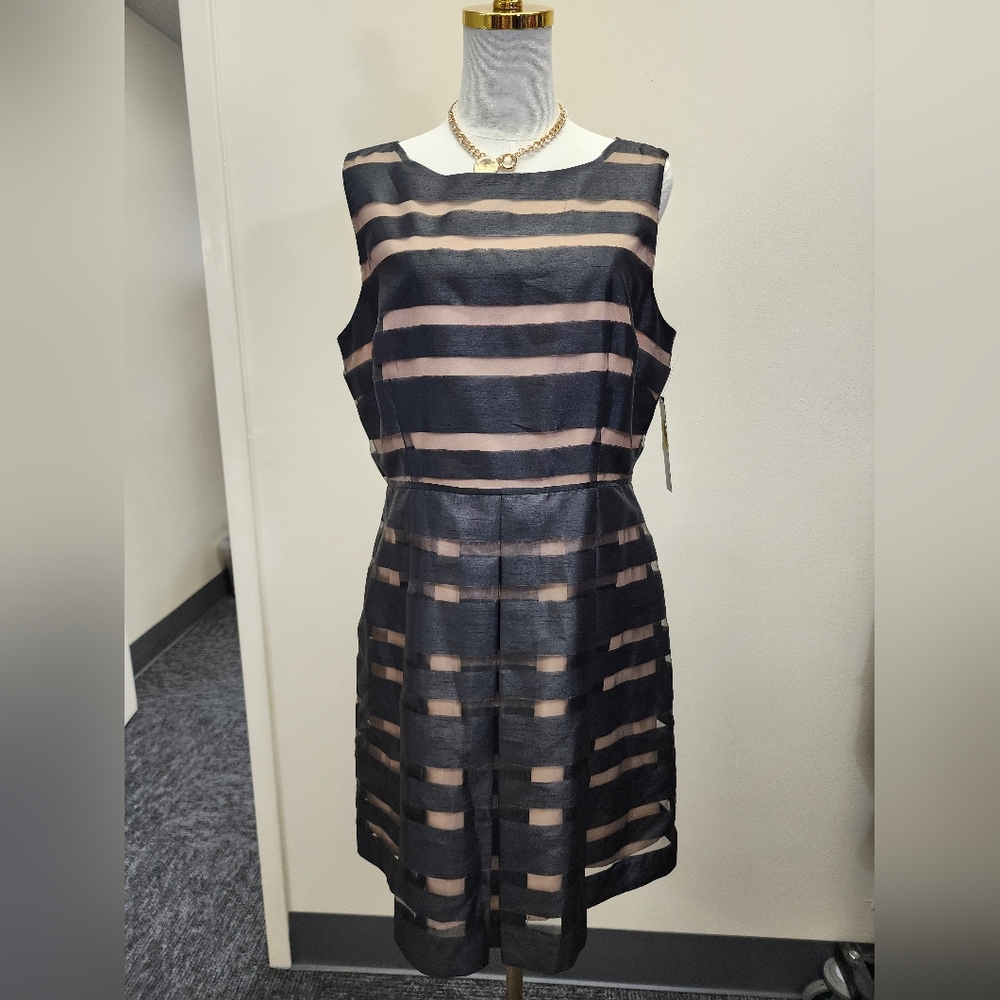 Tahari Black Nude Striped Midi Sheath Dress Sheer Overlay Size 12P NWT